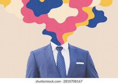 Unrecognizable Man In Suit With Multicolored Abstract Shaped Head, Business Concept