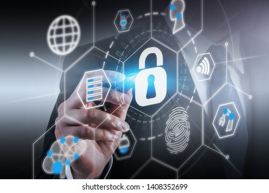 Unrecognizable man in suit using online security interface over black background. Concept of corporate information protection. Toned image double exposure