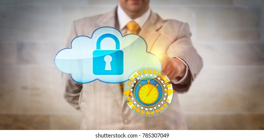 Unrecognizable manager securing cloud data in near real time. IT concept for remote access control, cybersecurity, instant information transfer via secure connectivity and constant data monitoring. - Powered by Shutterstock - Get 15% off with code: PIKWIZARD15