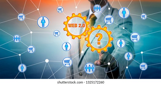 Unrecognizable marketer touching question mark in a cog wheel interfacing with web 2.0. Business and technology concept for e-commerce, social commerce, interlink between consumers, online shopping. - Powered by Shutterstock - Get 15% off with code: PIKWIZARD15