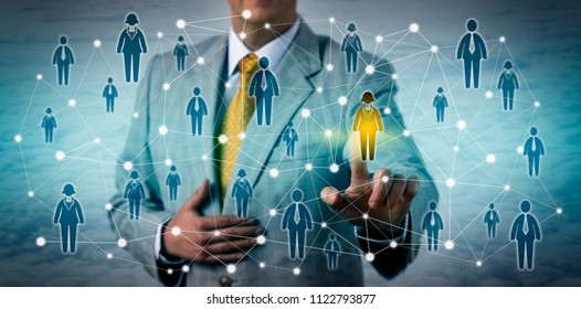 Unrecognizable marketing executive selecting one female customer in a professional network. Business technology concept for CRM, talent sourcing, networking, prospecting, targeting, recruitment.