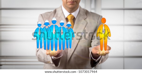 Unrecognizable mediator balancing blue collar\
workers and one white collar. Concept for human resources\
management, workplace mediation, contractual dispute resolution,\
worker compensation\
claim.