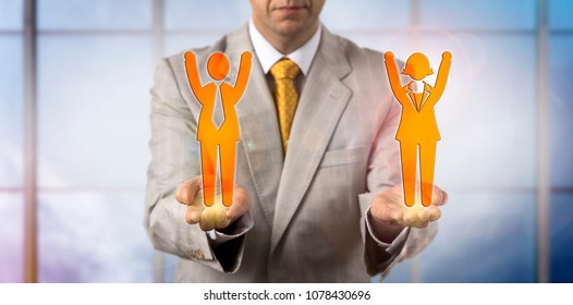 Unrecognizable Mediator Presenting One Male And Female Cheering Employee. Business Concept For Win Win Outcome, Mediation, Conflict Resolution, Collaborative Strategy, Partnership, Gender Equality.