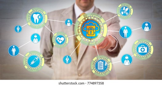 Unrecognizable Medical Administrator Accessing Electronic Health Records Via Secure Network Connection. Healthcare Information Technology Concept For Virtualization Security In Health Care Sector.