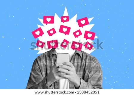 Unrecognizable monochrome guy using mobile phone having burst of social media hearts icons instead of head, posing overwhelmed by social media likes notifications, blue background, panorama