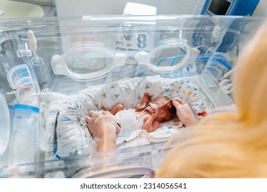 Unrecognizable mother's hands holding new born baby born at 28 weeks gestation in intensive care unit in a medical incubator.