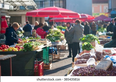 Unrecognizable people at a food market in Zagreb, Croatia