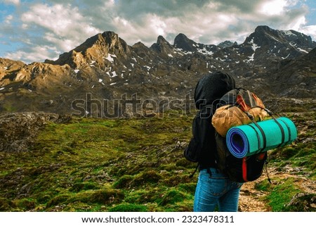 Image, Stock Photo Unrecognizable person exploring Picos de Europa at sunrise