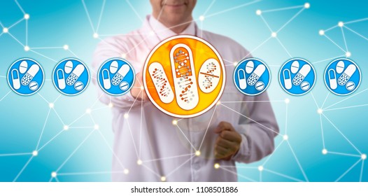 Unrecognizable Pharma Research Scientist Selecting The Only Set Of Drugs Personalized By Genome Sequencing In A Lineup Of Pills And Tablets. Healthcare Concept For Pharmacogenomics, Pharmacogenetics.