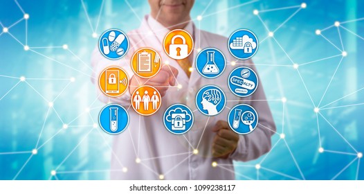 Unrecognizable Pharma Scientist Securely Accessing Patient Data In A Network. IT Concept For Pharmaceutical Data Security Governance,  Compliance Management System, Data Retention, User Privacy.