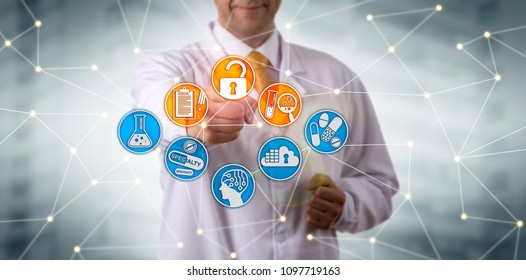 Unrecognizable Pharmaceutical Researcher Is Securely Accessing Data Records On Drug Discovery Via A Network. Pharma Industry IT Concept For Information Security And Electronic Records Management.