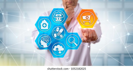 Unrecognizable pharmaceutical scientist singling out a shopping cart icon in an e-commerce interface. Pharma marketing technology concept for self-care and healthcare consumerism, online pharmacy.
