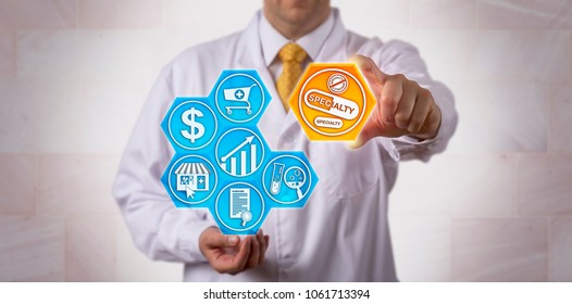 Unrecognizable Pharmacist Is Presenting Specialty Drugs To The Online Pharmacy Marketplace. Pharmaceutical And Retail Concept For The Growing Market Of High-cost, Breakthrough, Premium Medication.