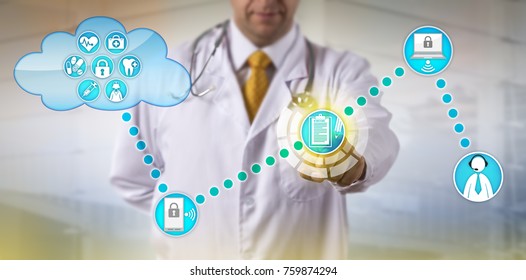 Unrecognizable Physician Accessing Electronic Medical Record And Connecting With Male Patient. Healthcare IT Concept For Health Information Exchange, Remote Chronic Care Management And Telemedicine.