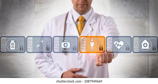 Unrecognizable Physician Accessing Medical Records Of A Female Patient By Choosing A Secure Block In A Medical Blockchain. Healthcare IT Concept For Distributed And Decentralized Ledger Technology.