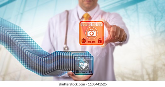 Unrecognizable Physician Accessing The Most Recent Entry Block In A Healthcare Blockchain. Health Care Data Management Concept For Distributed Virtual Ledger Technology, Health Information Exchange.