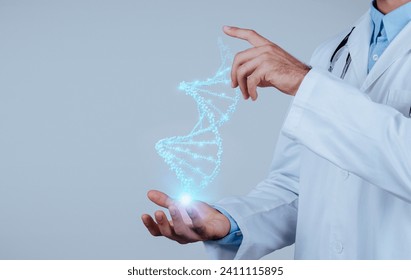 Unrecognizable physician harnesses CRISPR and augmented reality to revolutionize patient care with glowing virtual DNA strand, engaging futuristic medical technologies, blue background, empty space - Powered by Shutterstock - Get 15% off with code: PIKWIZARD15
