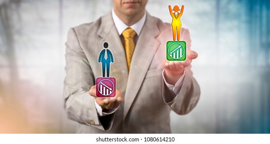 Unrecognizable Process Owner For Talent Management Is Raising Up A Cheering Female While Moving Down A Male Employee. Concept For Succession Management, Replacement Planning, Success, Gender Rivalry.