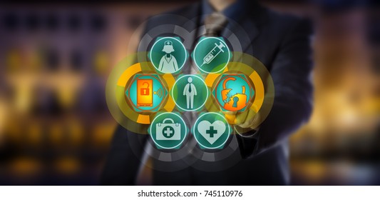 Unrecognizable Professional Is Initiating A Cyber Attack On Health Care Data. IT Concept For Healthcare Data Breach, Patient Privacy, Information Security Violation And White Collar Cyber Crime.