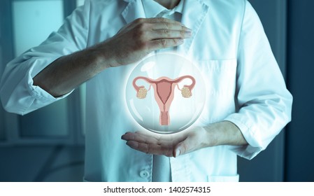 unrecognizable reproductologist holding a holographic model of the uterus and ovaries. Reproductive system, Infertility Treatment Concept