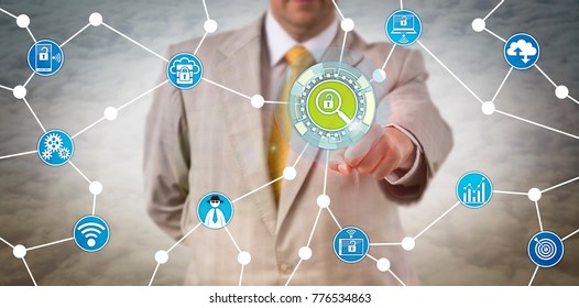 Unrecognizable Security Manager Is Touching A Virtual Investigative Tool. Cybersecurity Concept For Penetration Test, Proactive Cyber Defense, Fraud Prevention, Incident Response And Investigation.