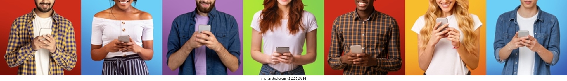 Unrecognizable Smiling Young Diverse People, Chatting On Phones, Surfing In Internet On Colorful Background, Studio Shot, Collage. Online Shopping, Sale, Advertising And Offer Due Covid-19 Outbreak