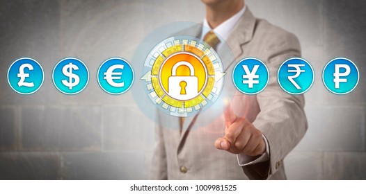 Unrecognizable Trader Activating Secure Transaction. Concept For Foreign Exchange Market, Secure Online Banking, International Finance, Interbank Market, Cyber Security, And Regulatory Compliance.