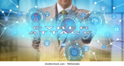 Unrecognizable White Collar Professional Launching A Cyberattack. IT Concept For A Computer Network Incident Causing Physical Damage, Cyber Attack, Data Breach, White Collar Crime And Hacking.