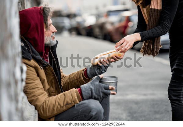 Unrecognizable Woman Giving Food Homeless Beggar Stock Photo (Edit Now ...