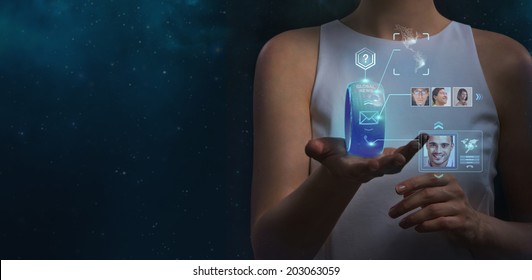 Unrecognizable woman holding wearable gadget. New technologies. Wireless tools. Future communications and social media concept.