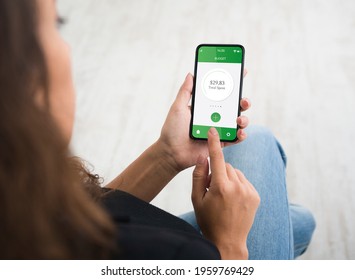 Unrecognizable Woman Using Financial App On Mobile Phone, Checking Her Banking Account. Female Hands Holding Smartphone With Newest Mobile Application For Spendings Counting, Collage