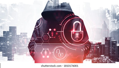 Unrecognizable young hacker in hoodie using laptop in blurry city. Concept of cybersecurity. Toned image. Double exposure of security interface - Powered by Shutterstock