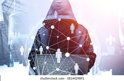 Unrecognizable young hacker in hoodie using laptop in blurry city. Concept of cybersecurity. Toned image. Double exposure of social network interface - Shutterstock ID 1814429891