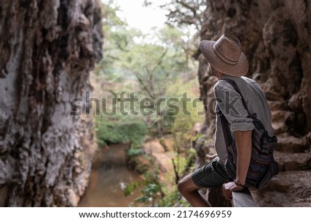 Similar – Image, Stock Photo Unrecognizable lone explorer under the Milky Way in Sotres, Asturias, Spain