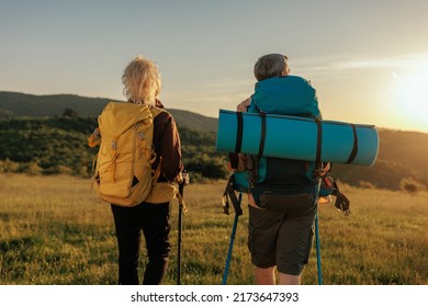 Unrecognized Couple On Country Walk. Middle Age People With Backpackers Hiking In Countryside.