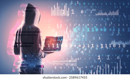 Unrecognized person in hoodie holding laptop with digital data, binary code, and cyber stats on abstract background. Cybercrime and hacking concept - Powered by Shutterstock - Get 15% off with code: PIKWIZARD15