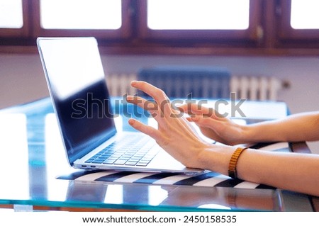 Unrecognized Woman Working On Laptop At Home. Concept Of Remote Work. Self-Development And Personal Growth. 