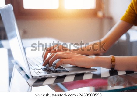 Unrecognized Woman Working On Laptop At Home. Concept Of Remote Work. Self-Development And Personal Growth. 