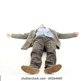 unrecognized young man lying on the floor, businessman feet of a dead body