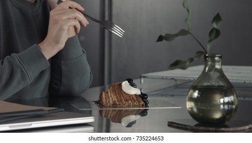 Unrecognizible Woman Take A Slice Of Cake And Ut Fork Then