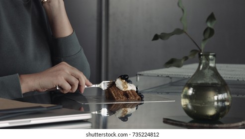 Unrecognizible Woman Take A Slice Of Cake And Ut Fork Then