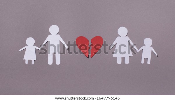 Unrequited love,\
break of relations, broken heart. Man and woman holding children\
over gray background,\
panorama