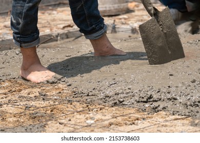 Unsafe Construction Of Myanmar Migrant Workers While Pouring Concrete Slab In Construction Site , Thailand.