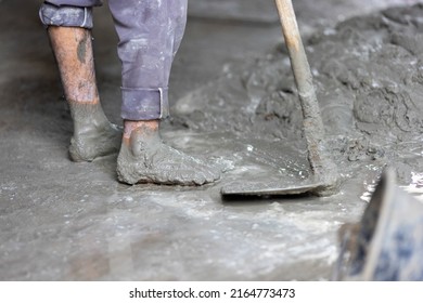 Unsafe Construction Of Myanmar Migrant Workers While Pouring Concrete Slab In Construction Site , Thailand.