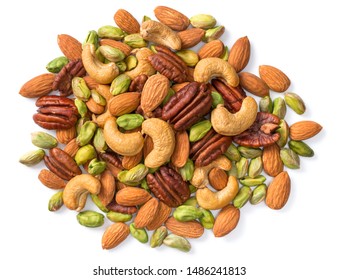 unsalted mixed nuts isolated on white background, top view