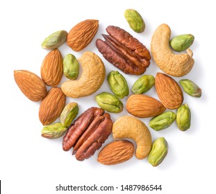 Unsalted Mixed Nuts Isolated On White Background, Top View