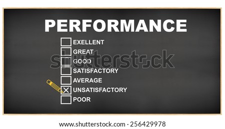 Unsatisfactory Performance check box: Excellent, Great, Good, Satisfactory, Average,  Poor Blackboard isolated on white background