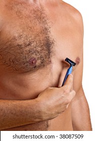 Unshaved Man With Razor. Un Shaven Male Chest. Shaving Body Hair.