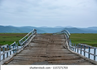 unstable wooden bridge in mongolia