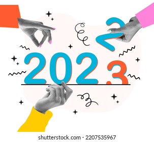 Unstoppable. Concept of Merry Christmas, 2023 New Year's, winter mood, holidays. Greeting card design. Human hands change numbers isolated on light background. Contemporary artwork - Shutterstock ID 2207535967